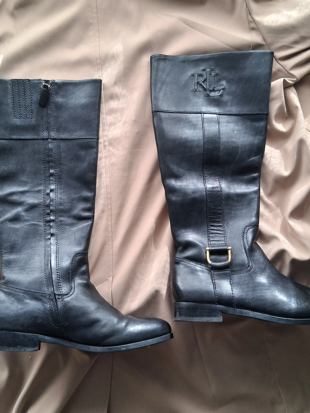 Ralph Lauren Black Leather Over-the-Knee Riding Boots with RL Embossed Shaft